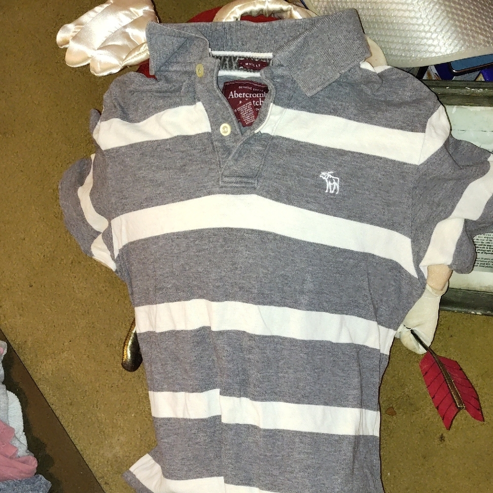 Abercrombie & Fitch Gray and White Striped Polo Shirt